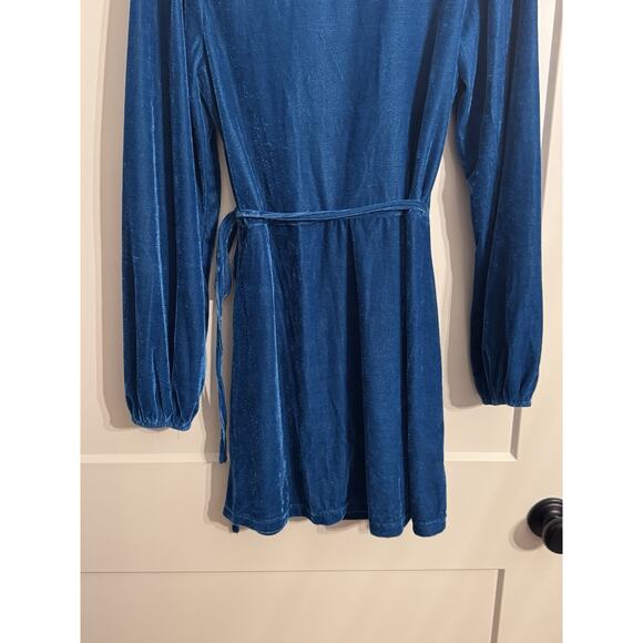 Lulu's Sz S Crushed Velvet Long Sleeve Wrap Dress Teal Homecoming Holiday - Picture 4 of 9